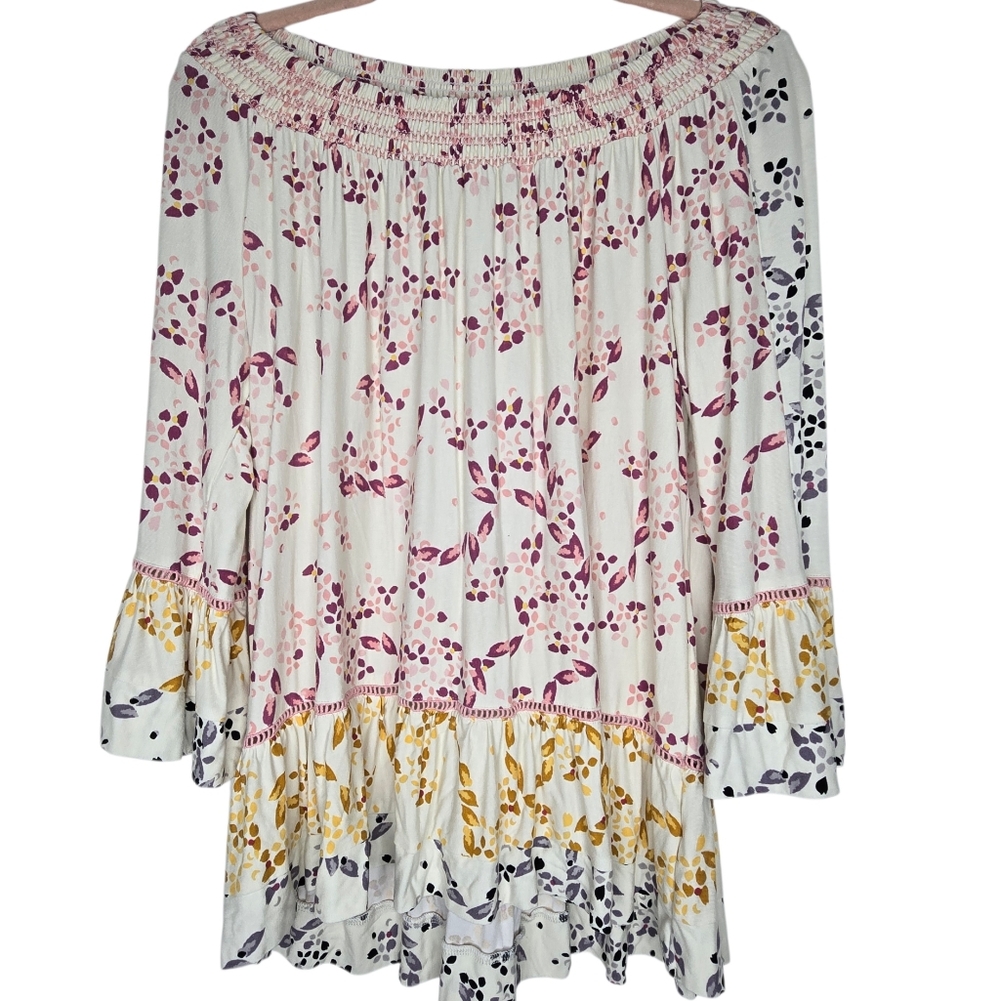 Fever multi-color floral printed top featuring a smocked yoke and bell sleeves